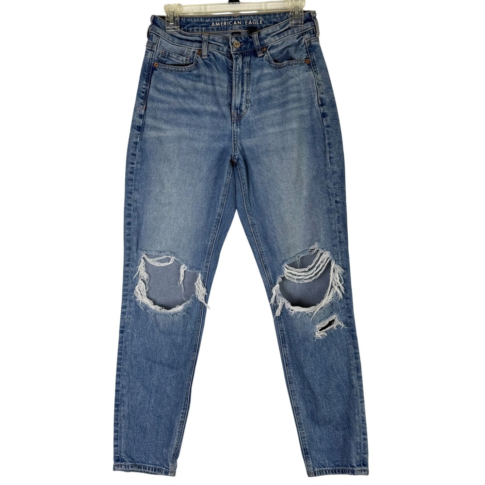 American Eagle Strigid Mom Jeans Womens 4 Regular Blue Distressed High Rise 3936